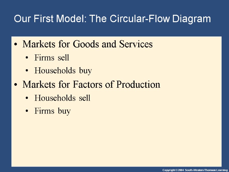 Our First Model: The Circular-Flow Diagram Markets for Goods and Services  Firms sell